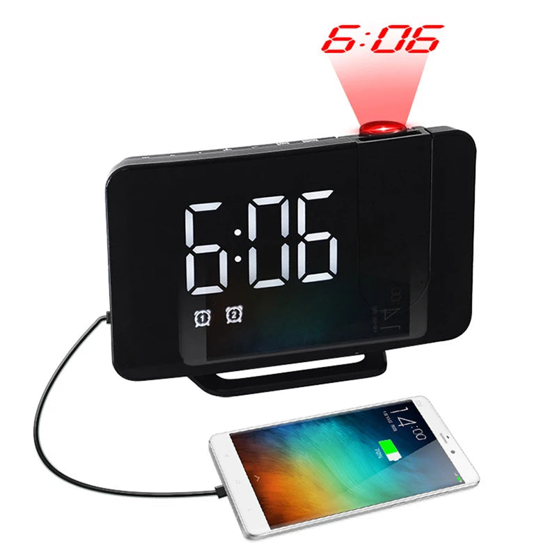 Compact USB Projection Alarm Clock - Black